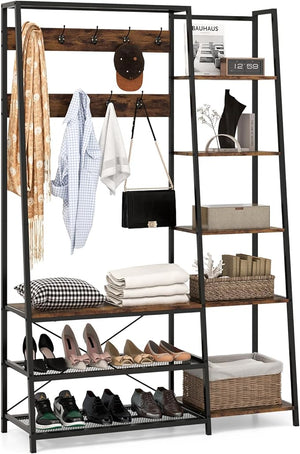 5 in 1 Appendiabiti con Ripiani, Stand Appendiabiti con 9 Ganci, 5 Ripiani Laterali e 2 Ripiani in Rete, Attaccapanni Industriale in Metallo, per Ingresso Soggiorno, 118x40x180 cm