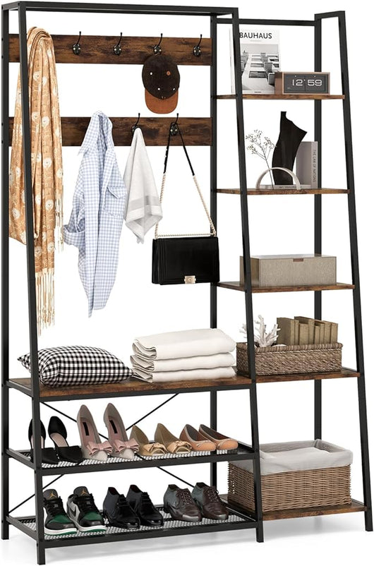 5 in 1 Appendiabiti con Ripiani, Stand Appendiabiti con 9 Ganci, 5 Ripiani Laterali e 2 Ripiani in Rete, Attaccapanni Industriale in Metallo, per Ingresso Soggiorno, 118x40x180 cm
