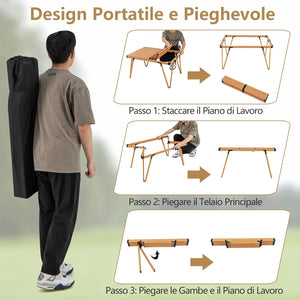 Tavolo da Campeggio Pieghevole, Tavolo da Picnic con Borsa Trasporto e Piano Impermeabile, con Struttura in Alluminio, per Giardino Campeggio, Portata 80 kg (Naturale)