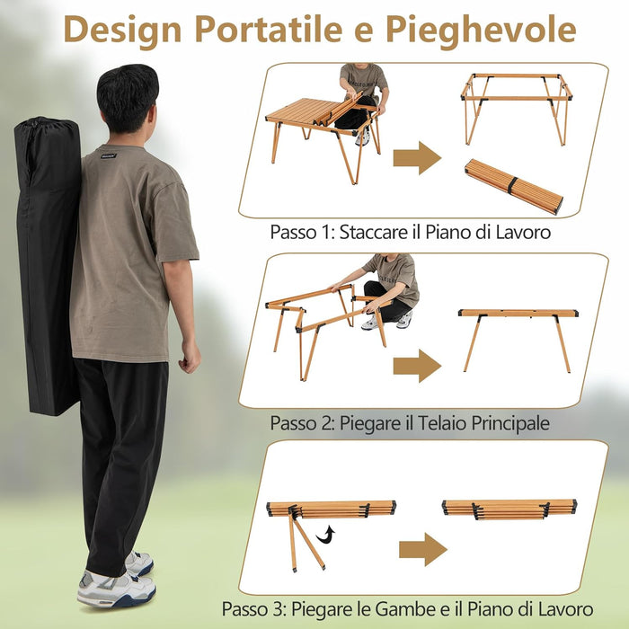 Tavolo da Campeggio Pieghevole, Tavolo da Picnic con Borsa Trasporto e Piano Impermeabile, con Struttura in Alluminio, per Giardino Campeggio, Portata 80 kg (Naturale)