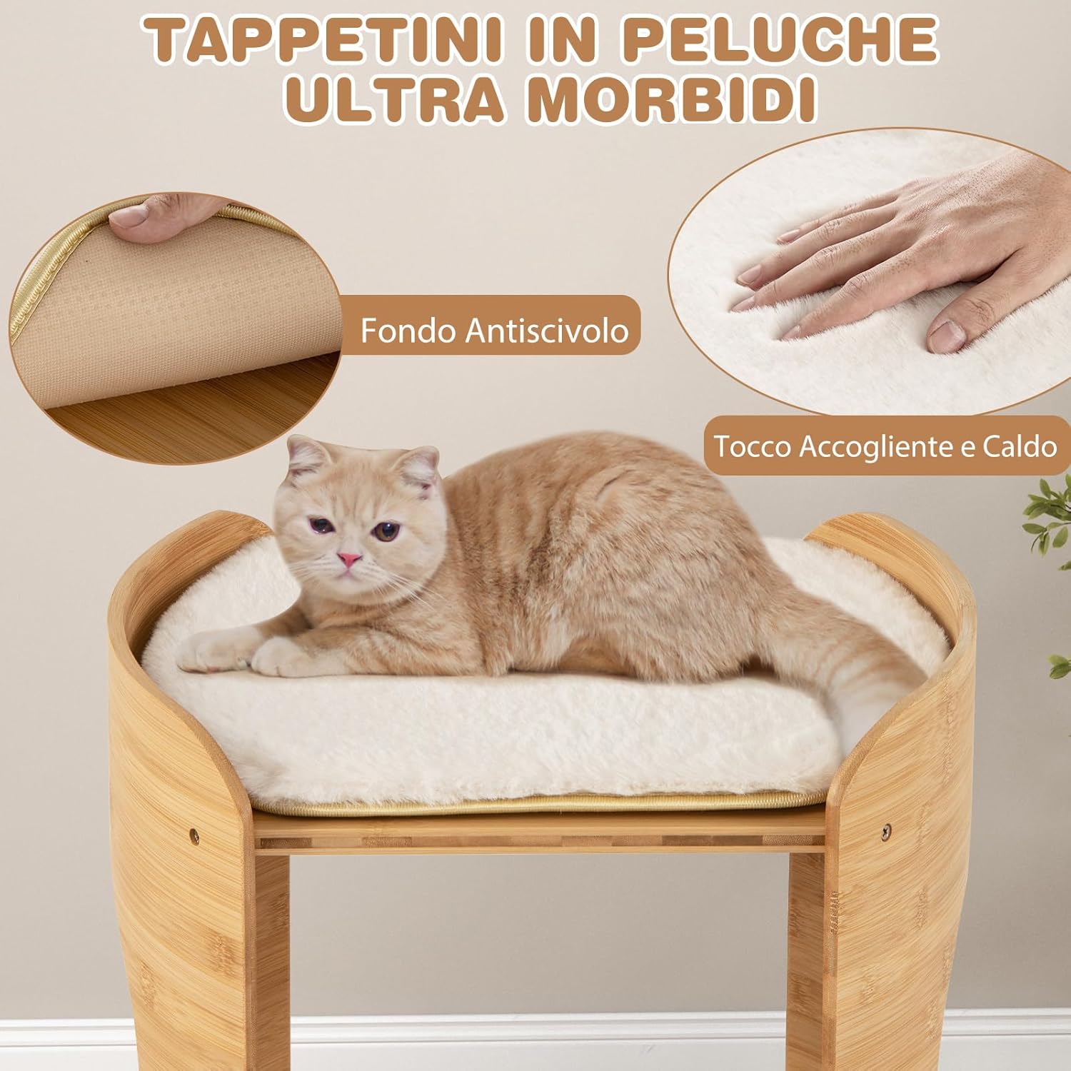 Letto Rialzato per Gatti, Cuccia per Gatti a 2 Livelli da Interno con Struttura in Bambù Naturale, Tappetini Morbidi Rimovibili e Lavabili, Lettino per Cuccioli e Gatti