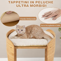 Letto Rialzato per Gatti, Cuccia per Gatti a 2 Livelli da Interno con Struttura in Bambù Naturale, Tappetini Morbidi Rimovibili e Lavabili, Lettino per Cuccioli e Gatti