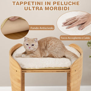Letto Rialzato per Gatti, Cuccia per Gatti a 2 Livelli da Interno con Struttura in Bambù Naturale, Tappetini Morbidi Rimovibili e Lavabili, Lettino per Cuccioli e Gatti