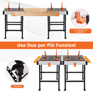 Banco da Lavoro Pieghevole, Tavolo da Lavoro Portatile con 2 Morsetti Rapidi e 4 Clamp Dogs, Telaio in Alluminio e Metallo, Capacità di Carico 454 KG (Modello 3)