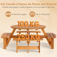 Set Tavolo con 4 Panche da Picnic, Tavolo da Pranzo Rotondo per 8 Persone, con Foro per Ombrello da 5 cm, Set di Mobili da Picnic da Esterno, per Giardino Patio (Giallo)