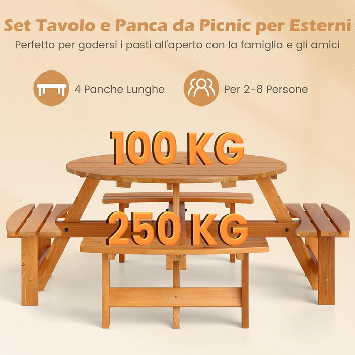 Set Tavolo con 4 Panche da Picnic, Tavolo da Pranzo Rotondo per 8 Persone, con Foro per Ombrello da 5 cm, Set di Mobili da Picnic da Esterno, per Giardino Patio (Giallo)