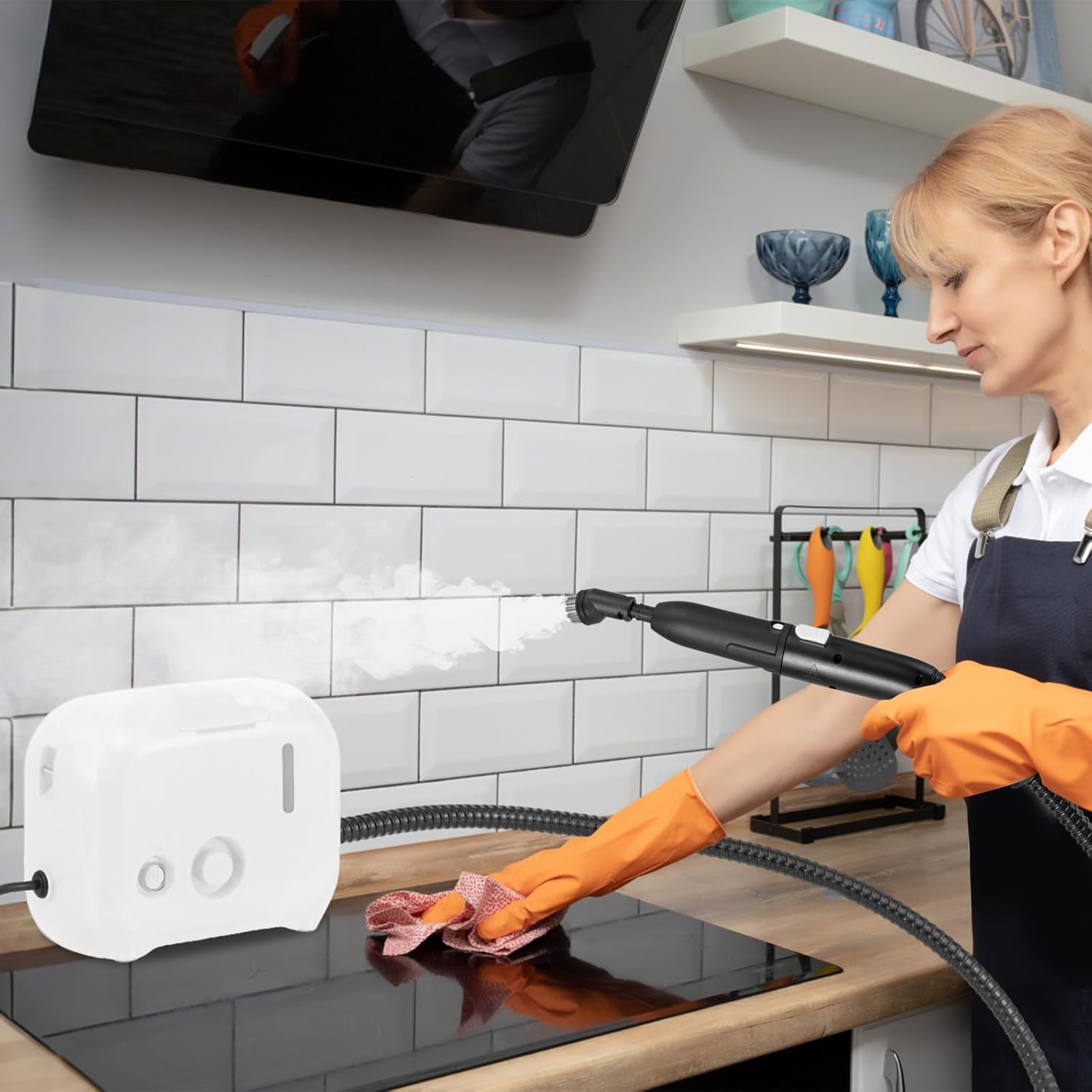 1500W Pulitore a Vapore Portatile, Vaporizzatore Domestico con Serbatoio d'Acqua 1 L (Sostenibile), Tempo Riscaldamento 10s, Macchina per Pulizia a Vapore Multiuso (Bianco)