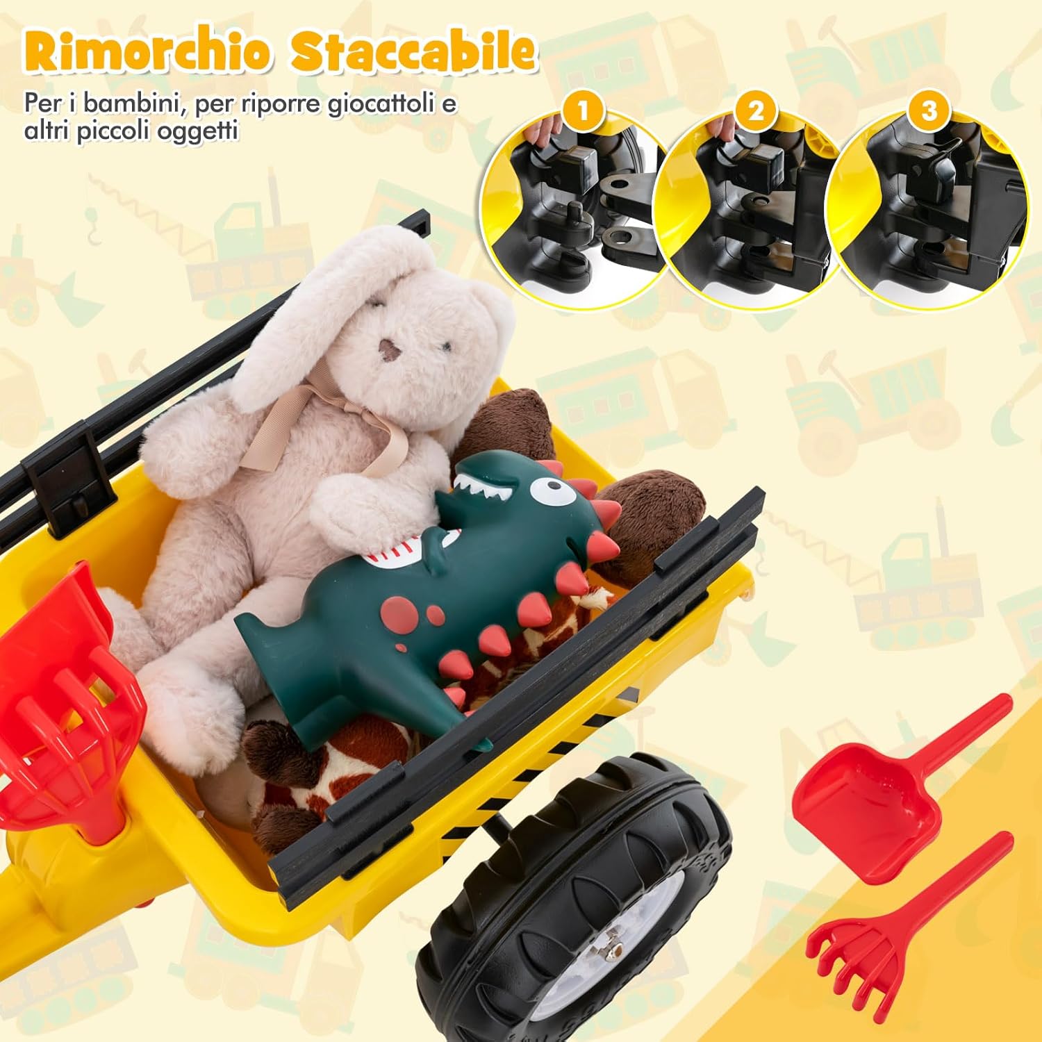 3 in 1 Escavatore per Bambini, Trattore con Rimorchio Staccabile Cavalcabile per Bambini, con 6 Ruote e 2 Benne, per Bambini 3-6 Anni (Giallo)