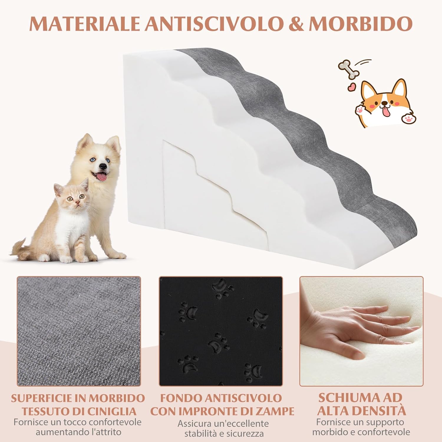 Set di Rampe in Schiuma per Cani con 5 e 3 Gradini, Scale Morbide per Cani Antiscivolo per Divano e Letto per Cani Piccoli e Anziani, Animali Domestici con Dolori Articolari (Grigio)