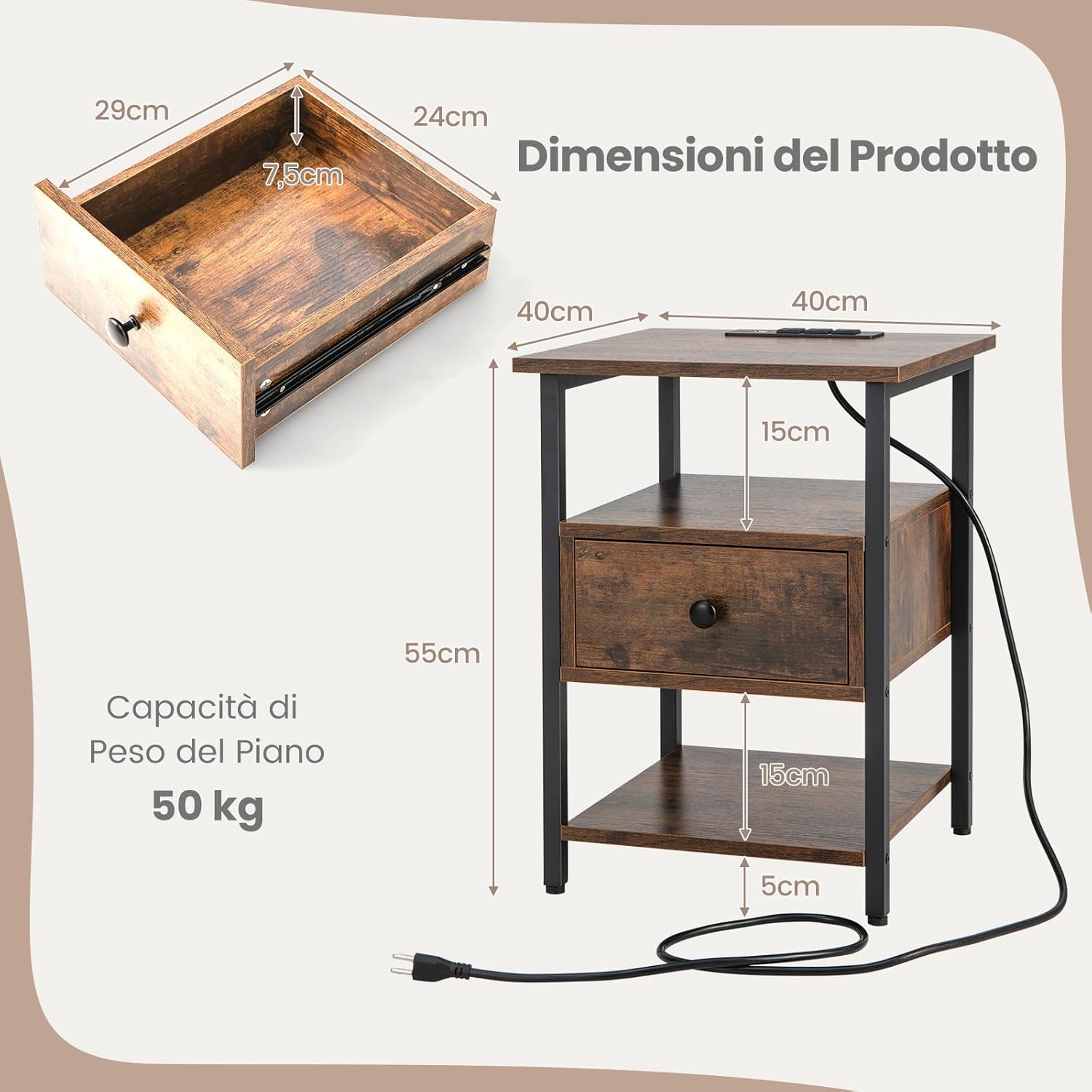 COSTWAY Comodino a 3 Piani con Stazione di Ricarica, Tavolino in Legno con Ripiani Aperti e Cassetto, Tavolino con Struttura in Metallo Robusto per Camera da Letto, Soggiorno e Studio, Naturale