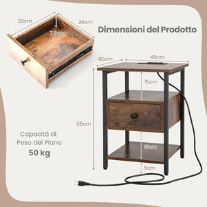COSTWAY Comodino a 3 Piani con Stazione di Ricarica, Tavolino in Legno con Ripiani Aperti e Cassetto, Tavolino con Struttura in Metallo Robusto per Camera da Letto, Soggiorno e Studio, Naturale