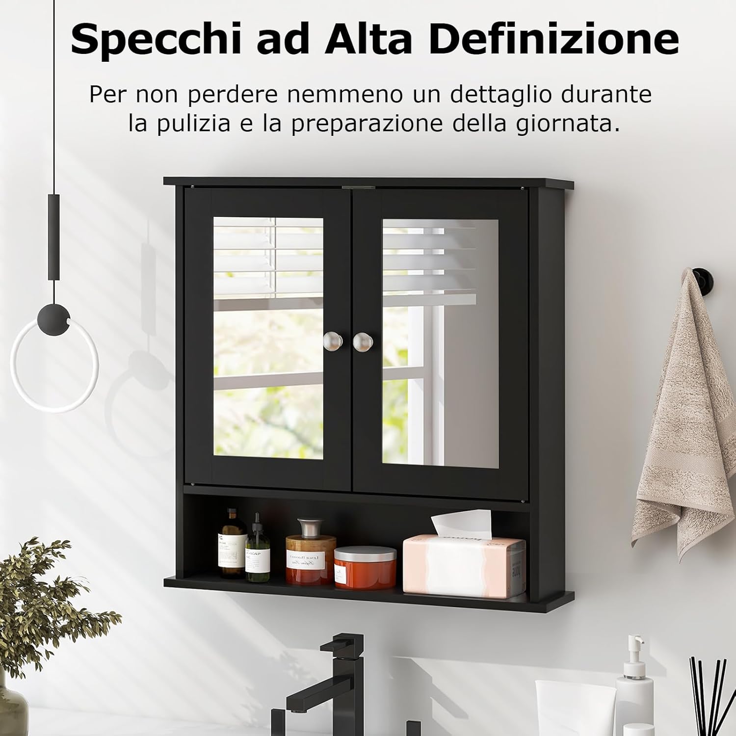 Armadietto da Bagno con Specchio, Armadietto da Parete con Ripiano Regolabile, Mobile da Parete per Bagno (Nero)