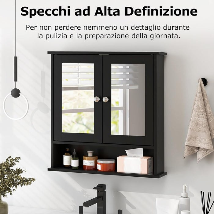 Armadietto da Bagno con Specchio, Armadietto da Parete con Ripiano Regolabile, Mobile da Parete per Bagno (Nero)