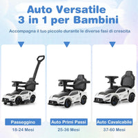 3 in 1 Maserati Auto da Spinta, Auto Scorrevole con 2 Ruote Universali Volante Musicale Paracolpi e Manubrio, Macchina Cavalcabile con Ripostiglio per Bambini 18-60 Mesi (Bianco)