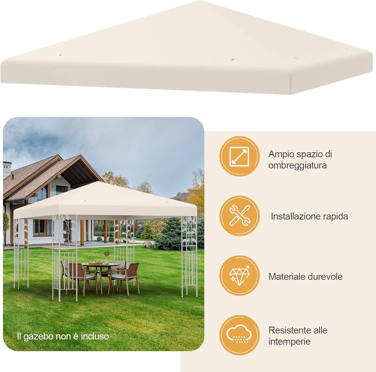 Tettoia di Ricambio per Gazebo da 3 x 3 m, Copertura per Gazebo da Giardino con Gancio e Chiusura a Strappo, Fori di Drenaggio, Facile da Montare (Beige)