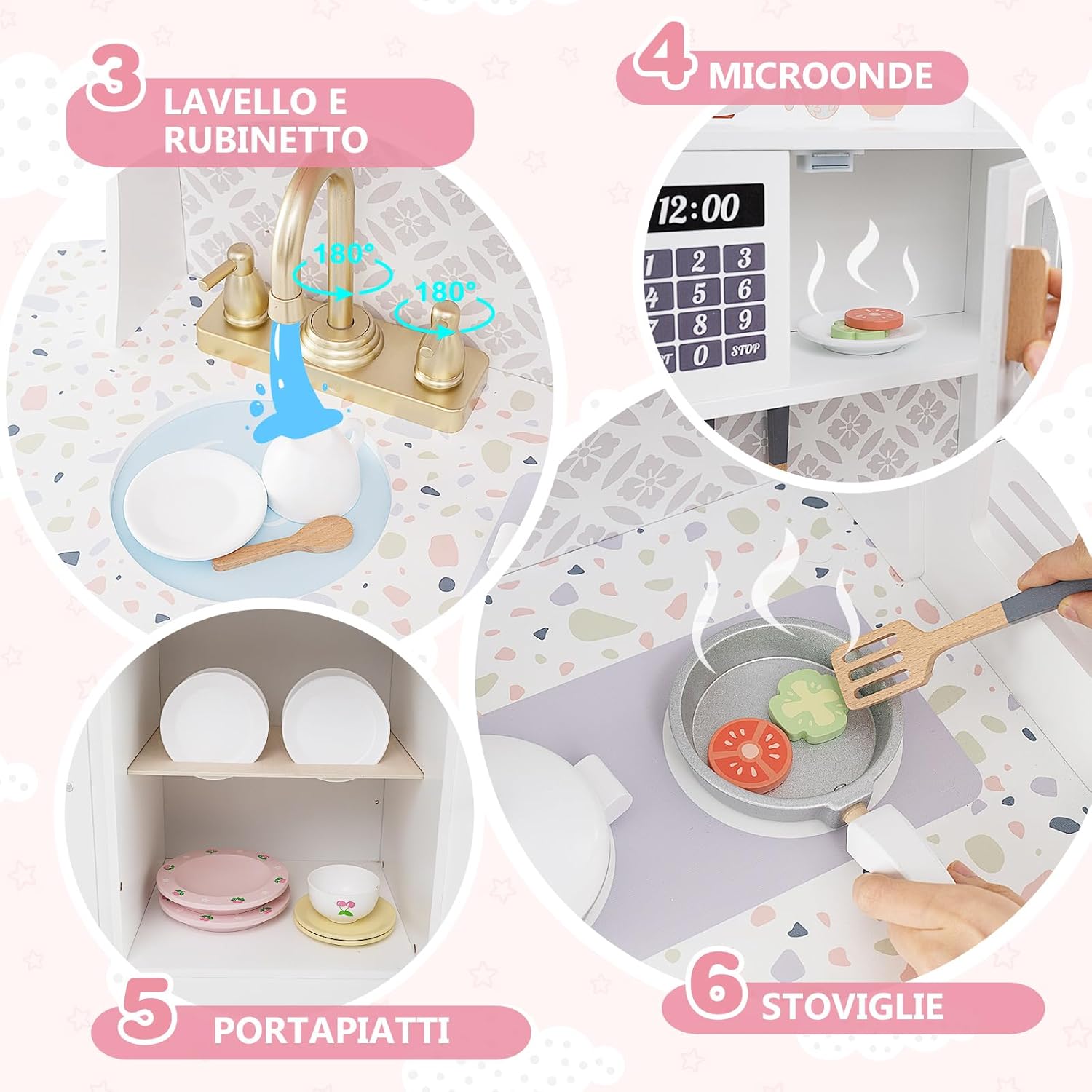 Cucina Giocattolo con Macchina da Caffè e del Ghiaccio, Cucina per Bambini in Legno con Lavatrice, Microonde, Fornelli e Lavandino, Set Cucina con 27 Accessori, 106 x 30 x 105 cm (Bianco)