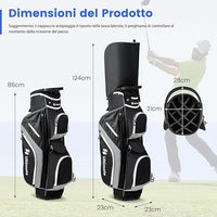 Borsa da Golf con Divisori Superiori a 14 Vie, 9 Tasche, Tasca Termica, Tasca per Scarpe, Porta Ombrello, Doppia Tracolla e Cappuccio Antipioggia, Sacca da Golf per Uomo e Donna