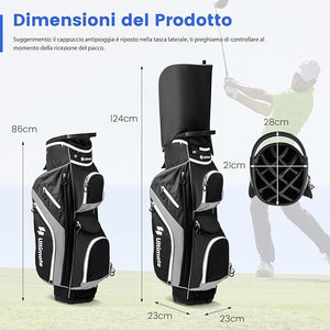 Borsa da Golf con Divisori Superiori a 14 Vie, 9 Tasche, Tasca Termica, Tasca per Scarpe, Porta Ombrello, Doppia Tracolla e Cappuccio Antipioggia, Sacca da Golf per Uomo e Donna