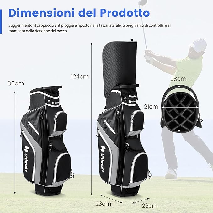 Borsa da Golf con Divisori Superiori a 14 Vie, 9 Tasche, Tasca Termica, Tasca per Scarpe, Porta Ombrello, Doppia Tracolla e Cappuccio Antipioggia, Sacca da Golf per Uomo e Donna