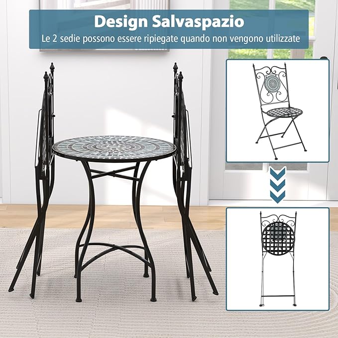 Set da Giardino 3 Pezzi,Set da Pranzo in Metallo Robusto a Mosaico, con 2 Sedie Pieghevoli, Set Tavolo e Sedie per Interno ed Esterno (Nero+Grigio)