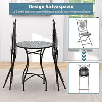 Set da Giardino 3 Pezzi,Set da Pranzo in Metallo Robusto a Mosaico, con 2 Sedie Pieghevoli, Set Tavolo e Sedie per Interno ed Esterno (Nero+Grigio)
