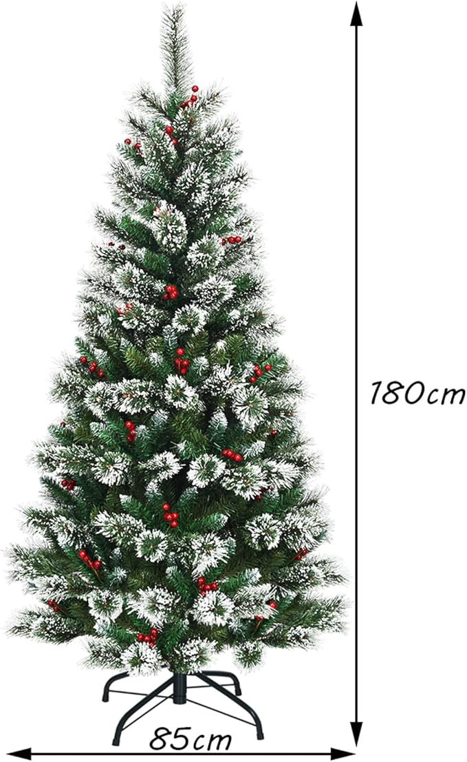 Albero di Natale Innevato 150/180/210/240 cm, Albero di Natale Artificiale con Rami, Bacche Rosse e Base di Metallo, Decorazione Natalizia per Casa, Negozio e Ufficio (180 CM)