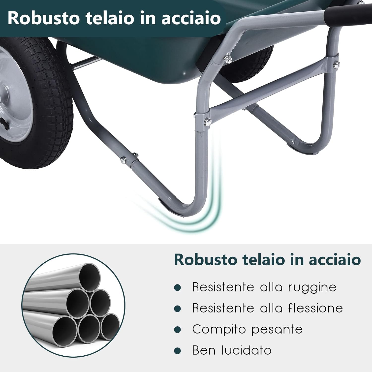 Carriola con 2 Ruote da Giardino, Carrello Resistente con Struttura in Acciaio Robusto, Ruote Pneumatiche 35,5 cm, Capacità di Carico 100 KG (Verde)