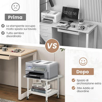 Supporto per Stampante, Carrello Stampante con Ruote Girevoli a 360⁰, Design Rimovibile, Superficie Ampia e Liscia, di Legno e Acciaio, 49 x 40 x 37 cm (Bianco Puro)