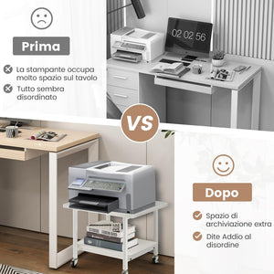 Supporto per Stampante, Carrello Stampante con Ruote Girevoli a 360⁰, Design Rimovibile, Superficie Ampia e Liscia, di Legno e Acciaio, 49 x 40 x 37 cm (Bianco)