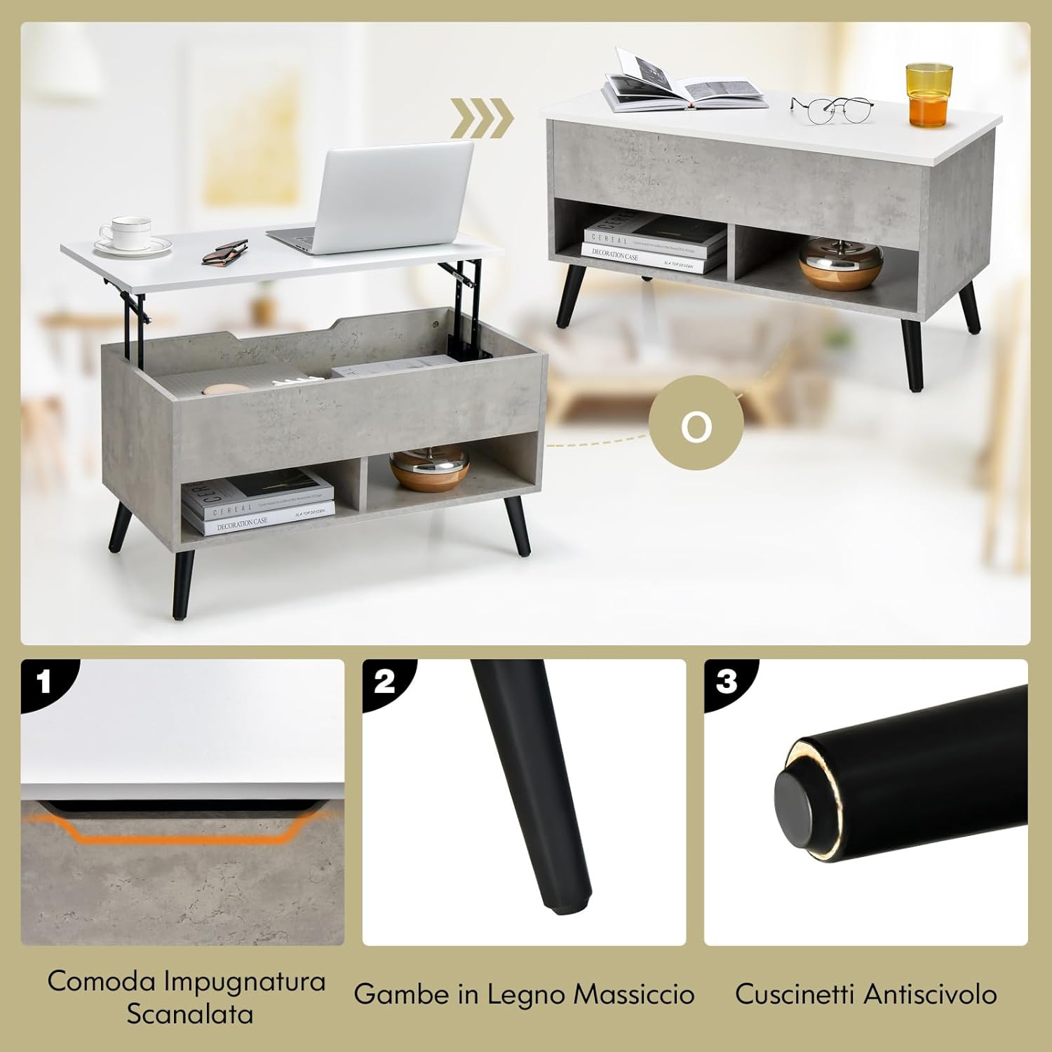 Tavolino Salotto Sollevabile in Legno, Tavolino da Caffè con Scomparto Nascosto e 2 Scaffali Aperti, Tavolino Basso e Modern per Soggiorno, Sala Ricevimenti e Ufficio (Grigio)