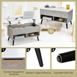 Tavolino Salotto Sollevabile in Legno, Tavolino da Caffè con Scomparto Nascosto e 2 Scaffali Aperti, Tavolino Basso e Modern per Soggiorno, Sala Ricevimenti e Ufficio (Grigio)