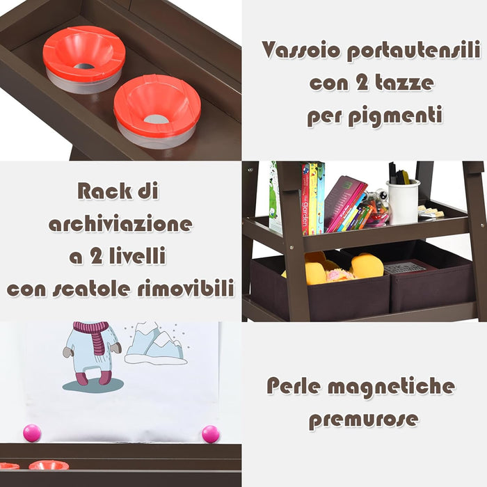 3 in 1 Cavalletto per Bambini con Doppia Faccia, Cavalletto per Disegno con 2 Vassoi e 2 Scatole, Lavagna Bambini in Legno (caffè)