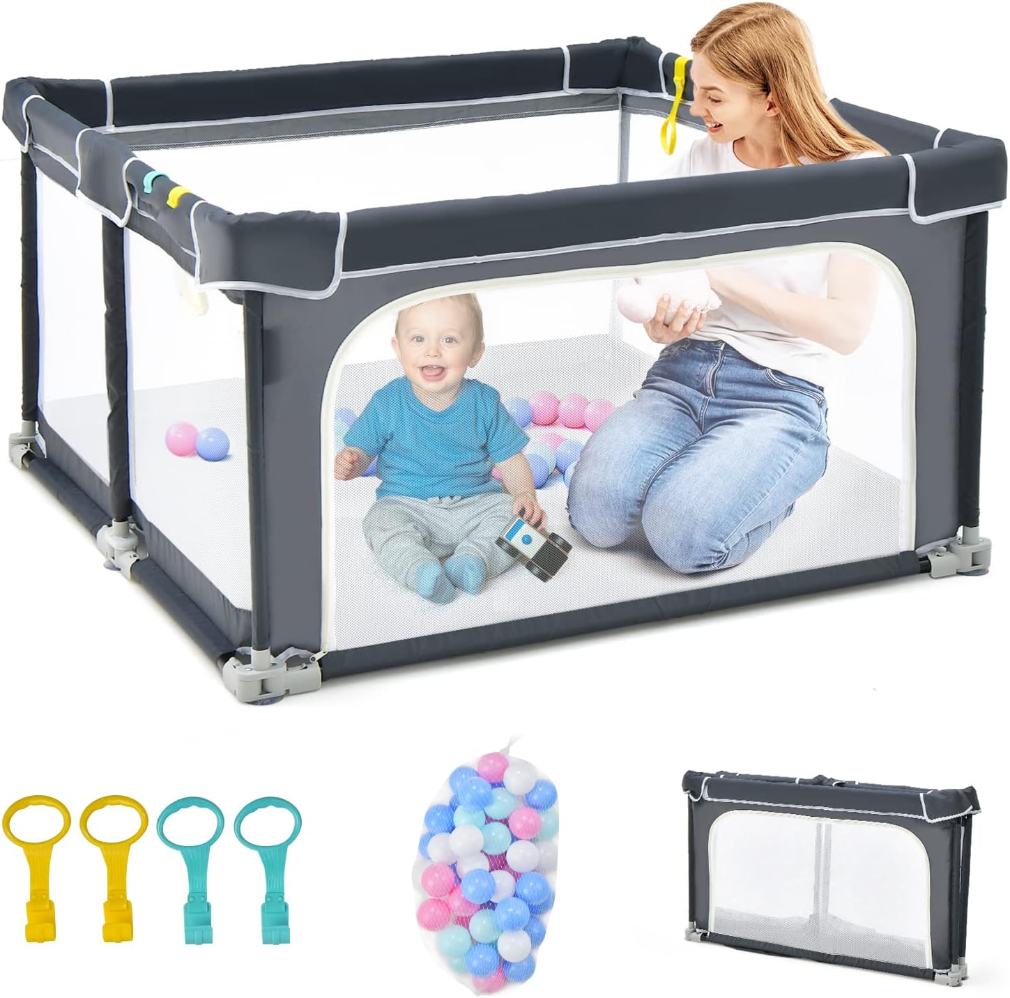 Recinto per Bambini, Box per Bambini con Rete Traspirante, Centro Attività per Bambini con 50 Palline, Box Giochi per Bambini 0-3 Anni (Grigio Scuro, ‎124 x 124 cm)