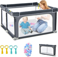 Recinto per Bambini, Box per Bambini con Rete Traspirante, Centro Attività per Bambini con 50 Palline, Box Giochi per Bambini 0-3 Anni (Grigio Scuro, ‎124 x 124 cm)