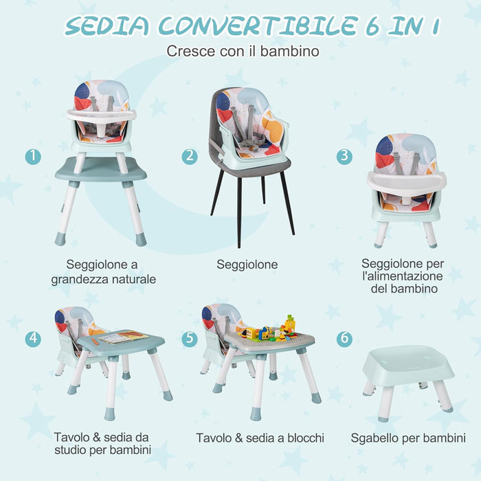 Seggiolone Pappa per Bambini 6 in 1, Seggiolone per Neonati Convertibile, Tavolo per Costruzioni per Bambini, con Imbracatura a 5 Punti, per Bambini da 6 Mesi fino 3 Anni (Colorato)