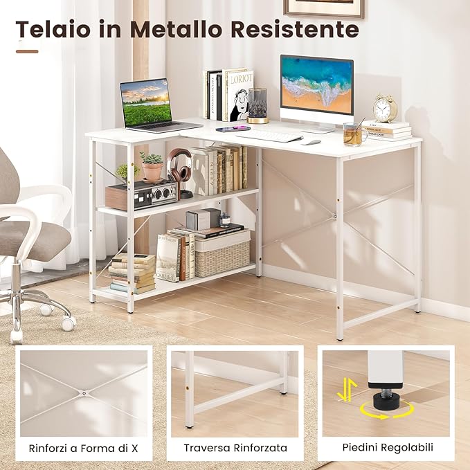 Scrivania Angolare a Forma di L, Scrivania ad Angolo Salvaspazio e Reversibile con Ripiano Regolabile e Struttura in Metallo Resistente, Tavolo per Ufficio e Casa (Bianco)