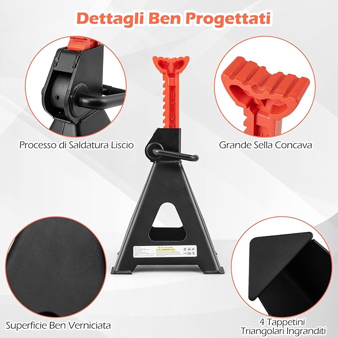 Set di 2 Cavalletti per Auto 12 T, Coppia di Cavalletti di Sostegno con Blocco della Maniglia e Altezza Regolabile 48-75 cm, Cavalletti per Cric per SUV, Berlina, Pickup e UTV