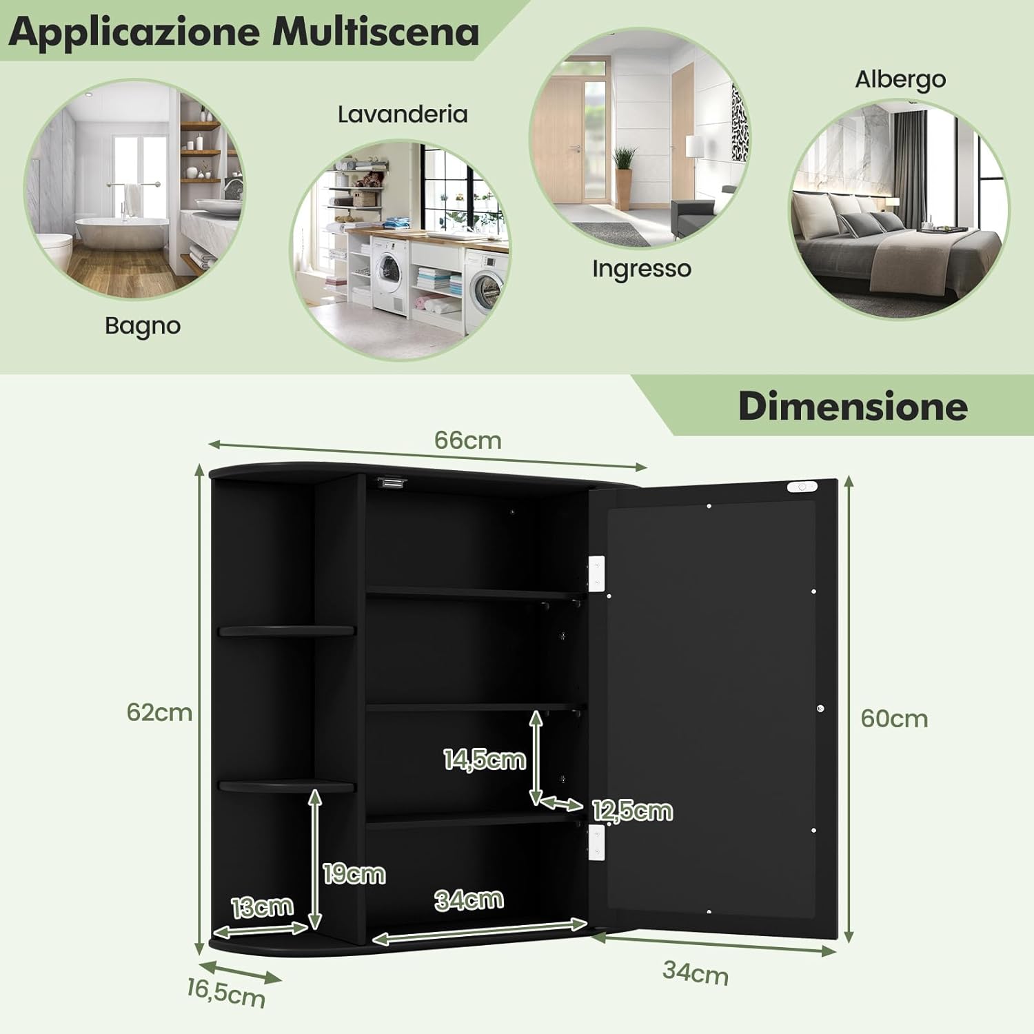 Mobile da Bagno con Specchio 66 x 17 x 63cm, Mobiletto in Legno Appeso con Mensole Regolabili, Armadietto dei Medicinali Multiuso per Bagno Salone Cucina (Nero)