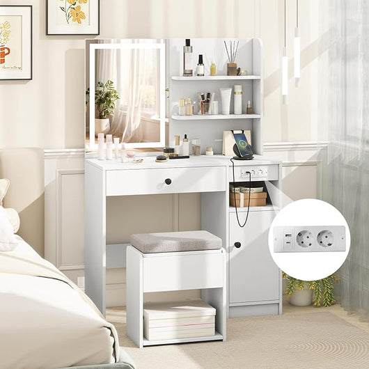 Set Tavolo da Toeletta con Luci, Set Tavolo e Sgabello con Stazione di Ricarica, Ripiano Regolabile, Luci a 3 Colori, Cassetto, Consolle Toeletta con Sgabello Portaoggetti, 90 x 40 x 135,5 cm