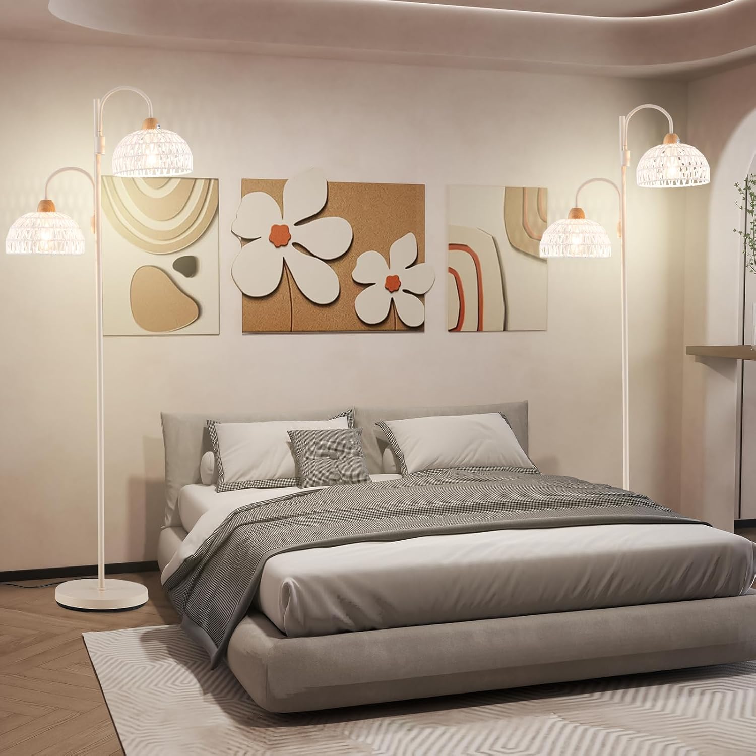 Lampada da Terra, Lampada Piantana da Terra Rotante a 350° con Interruttore a Pedale, Paralumi Intrecciati e 2 Supporti per Bulbi E27, Base Pesante e Stelo Metallico