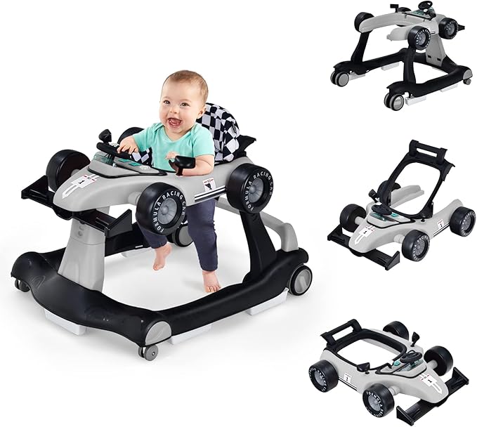 Girello per Bambini 4 in 1, Girello Pieghevole con Altezza e Velocità Regolabili, Carillon con Luci, Volante, Primi Passi per Bambini 6-18 Mesi, Portata 15 kg (Grigio)