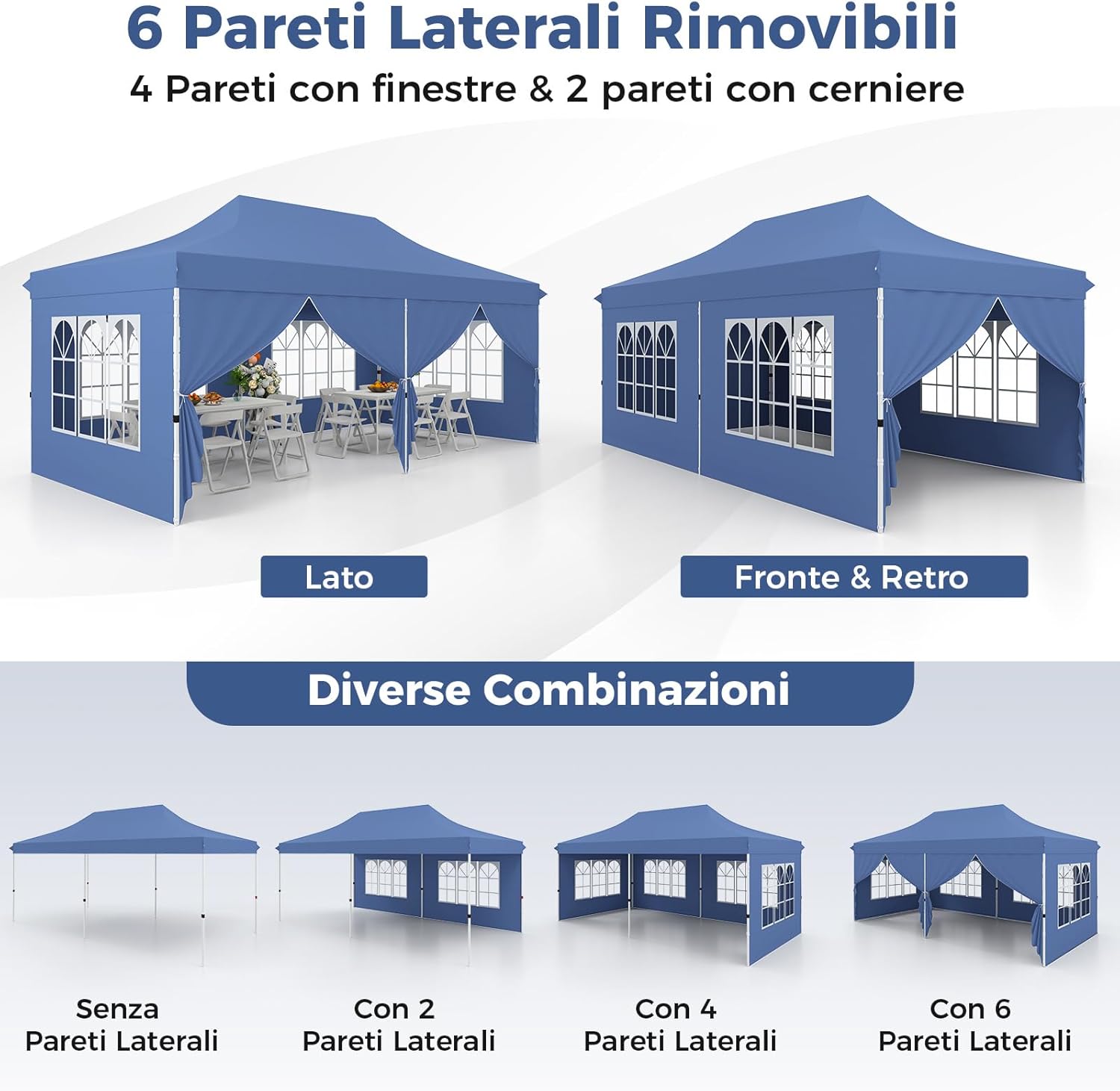 Gazebo da Giardino 3 x 6 m, Tendone per Feste con 6 Pannelli Laterali Rimovibili, con Borsa da Trasporto, Design Pop-up, per Matrimonio Eventi e Barbecue (Blu)
