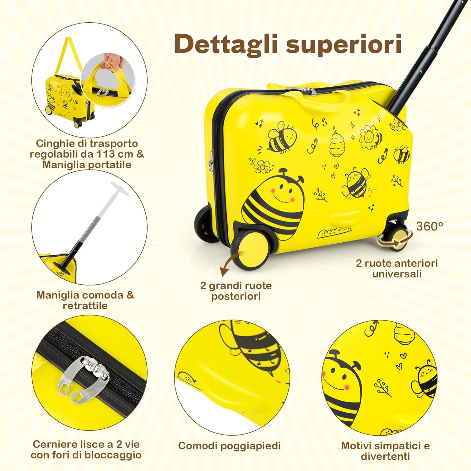 Valigia Cavalcabile per Bambini, 18" Valigia+ 12" Zaino,2 Pezzi, Trolley Bambini Bagaglio a Mano con Ruote Girevoli e Maniglia Retrattile, 2 Cingie Multiuso (Modello 1)