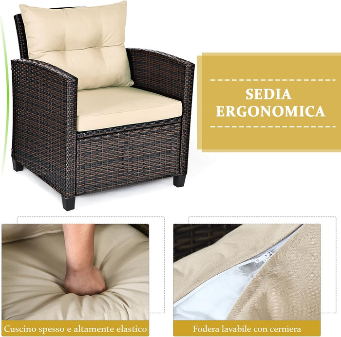 Set di 3 Pezzi di Mobili da Giardino, 1 Tavolo con Piano in Vetro Temprato e 2 Poltrone da Salotto, 4 Cuscini Rimovibili, per Giardino Piscina e Prato (Beige)