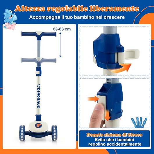 Monopattino a 3 Ruote per Bambini Pieghevole con Piano Largo, Ruote LED Luminose in PU, Freno Posteriore ed Inclinazione per Sterzare e Manubrio Regolabile, per Bambini 37-60 Mesi