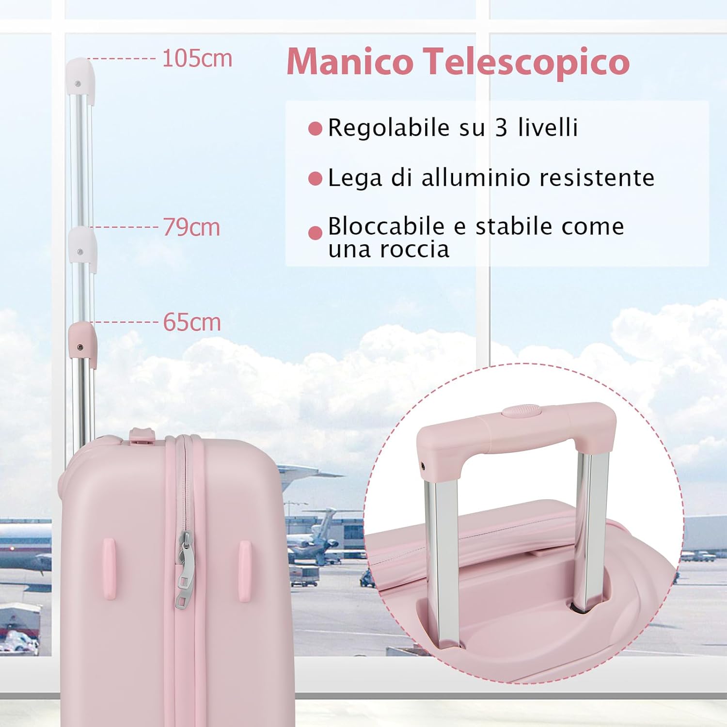 Valigia da Viaggio con Ruote Girevoli, Valigia Trolley con Manico Regolabile in Altezza, Guscio Rigido in PC, 38 x 22 x 57 cm (Rosa)