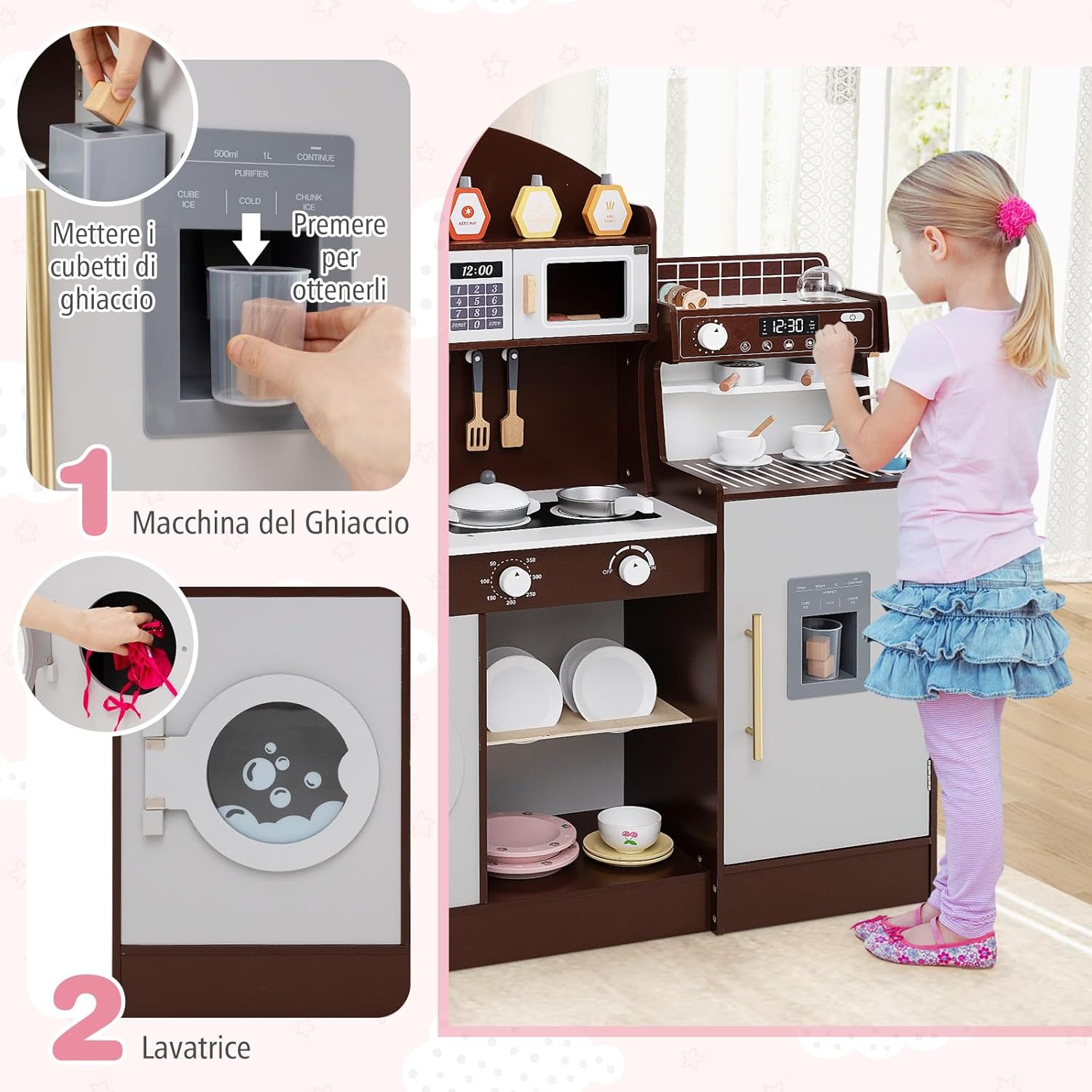 Cucina Giocattolo con Macchina da Caff¨¨ e del Ghiaccio, Cucina per Bambini in Legno con Lavatrice, Microonde, Fornelli e Lavandino, Set Cucina con 27 Accessori, 106 x 30 x 105 cm (Marrone)