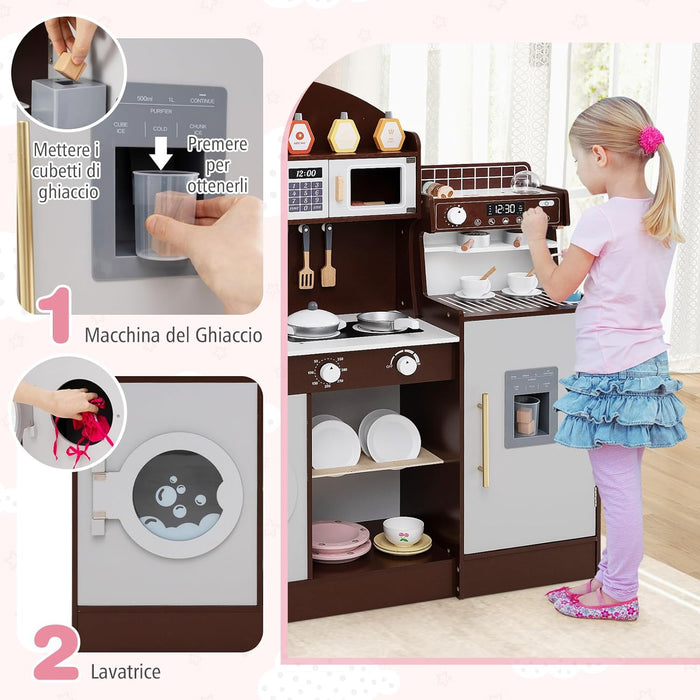 Cucina Giocattolo con Macchina da Caff¨¨ e del Ghiaccio, Cucina per Bambini in Legno con Lavatrice, Microonde, Fornelli e Lavandino, Set Cucina con 27 Accessori, 106 x 30 x 105 cm (Marrone)