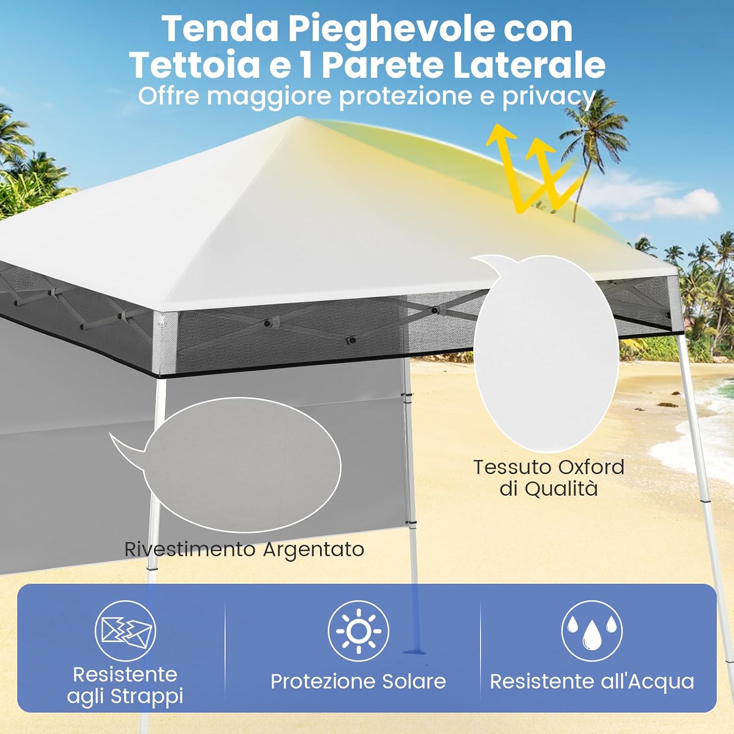 Gazebo Pop-up da Esterno 182 x 182 cm, Gazebo Pieghevole con 1 Parete Laterale, Gambe Inclinabili Regolabili e 4 Picchetti, Tendone Impermeabile per Feste, Campeggio e Picnic (Bianco)