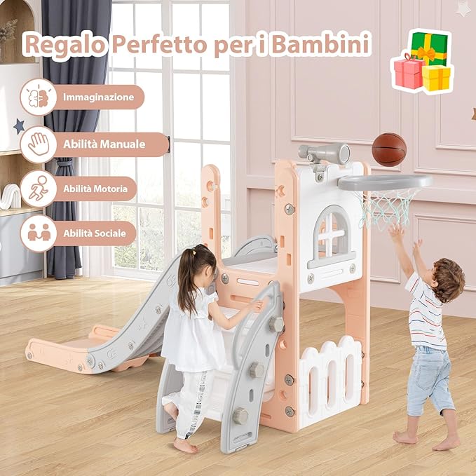 6 in 1 Scivolo per Bambini, Set da Gioco a Forma di L con Canestro da Basket e Telescopio, Spazio di Archiviazione, Scivolo da Interno ed Esterno per 1-3 Anni (Rosa)